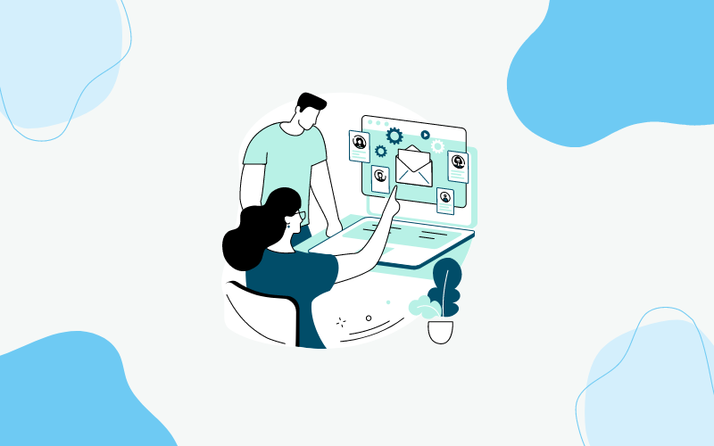 Illustration of two people collaborating in front of a large computer screen. One person is seated, pointing at an email icon on the screen, while the other stands behind them, observing. The screen displays various icons, including gears and documents, representing workflow and automation.