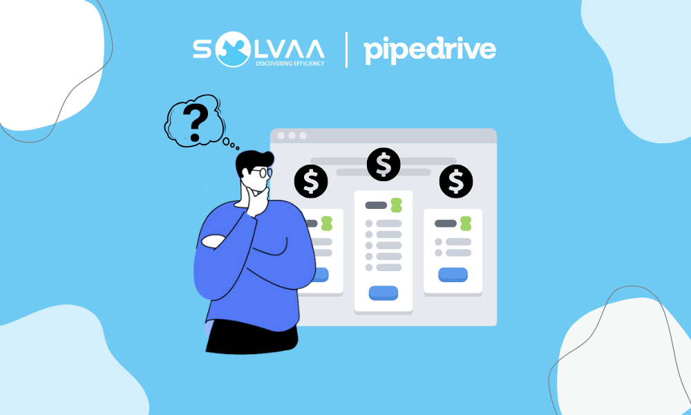 Illustration of a person with a thoughtful expression and a question mark in a thought bubble, contemplating different plan options displayed on a screen in front of them