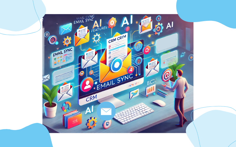 Illustration of a person viewing a computer screen with email sync, CRM, and AI icons, symbolizing automation and integration in business processes.