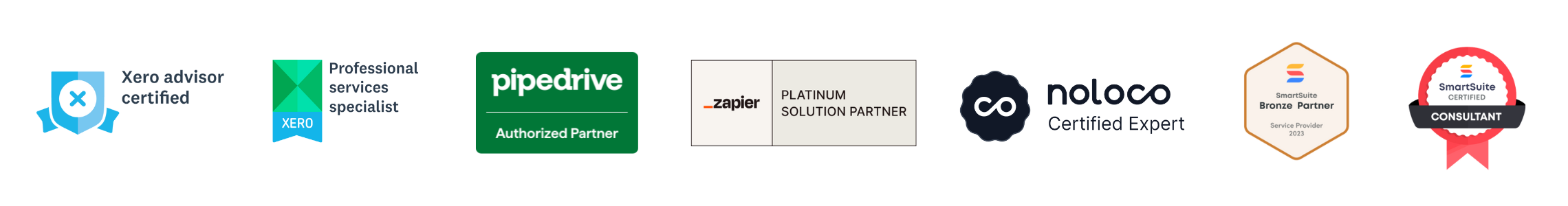 Certification and partner badges showing company as certified with Xero (Advisor Certified and Professional Services Specialist), Pipedrive Authorized Partner, Zapier Platinum Solution Partner, Noloco Certified Expert, SmartSuite Bronze Partner 2023 Service Provider, and SmartSuite Consultant.