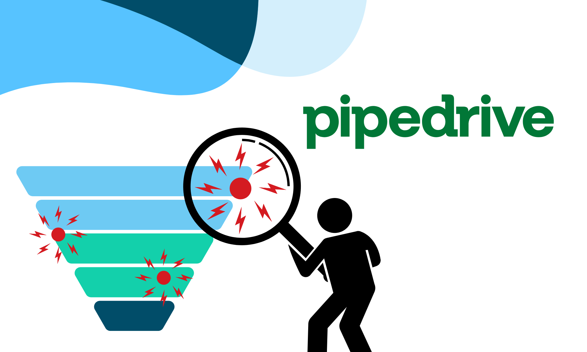 Illustration showing a sales funnel and a person using a magnifying glass to highlight problem deals, representing Pipedrive’s Rotting Feature for tracking deal inactivity.