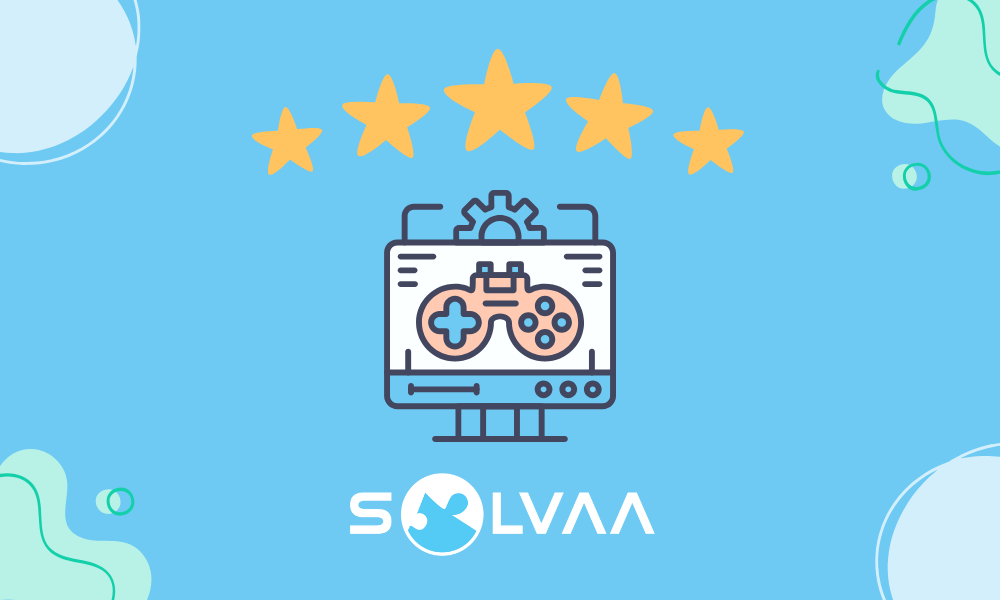 Graphic of a computer screen displaying a game controller with gears above it, five gold stars overhead, and the word ‘SOLVAA’ below on a blue background with abstract shapes.