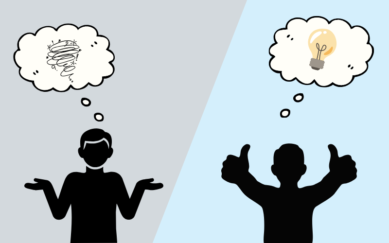 Illustration showing two people with different mindsets — one confused with a scribble thought bubble, and the other with a light bulb idea, symbolizing clarity and understanding through AI adoption.