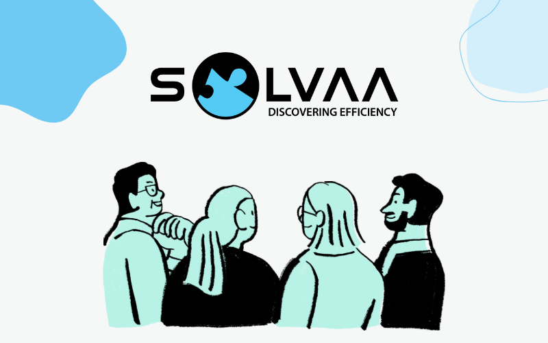 Illustration of four people standing together and talking beneath the SOLVAA logo with the tagline ‘Discovering Efficiency,’ on a light background with blue abstract shapes.