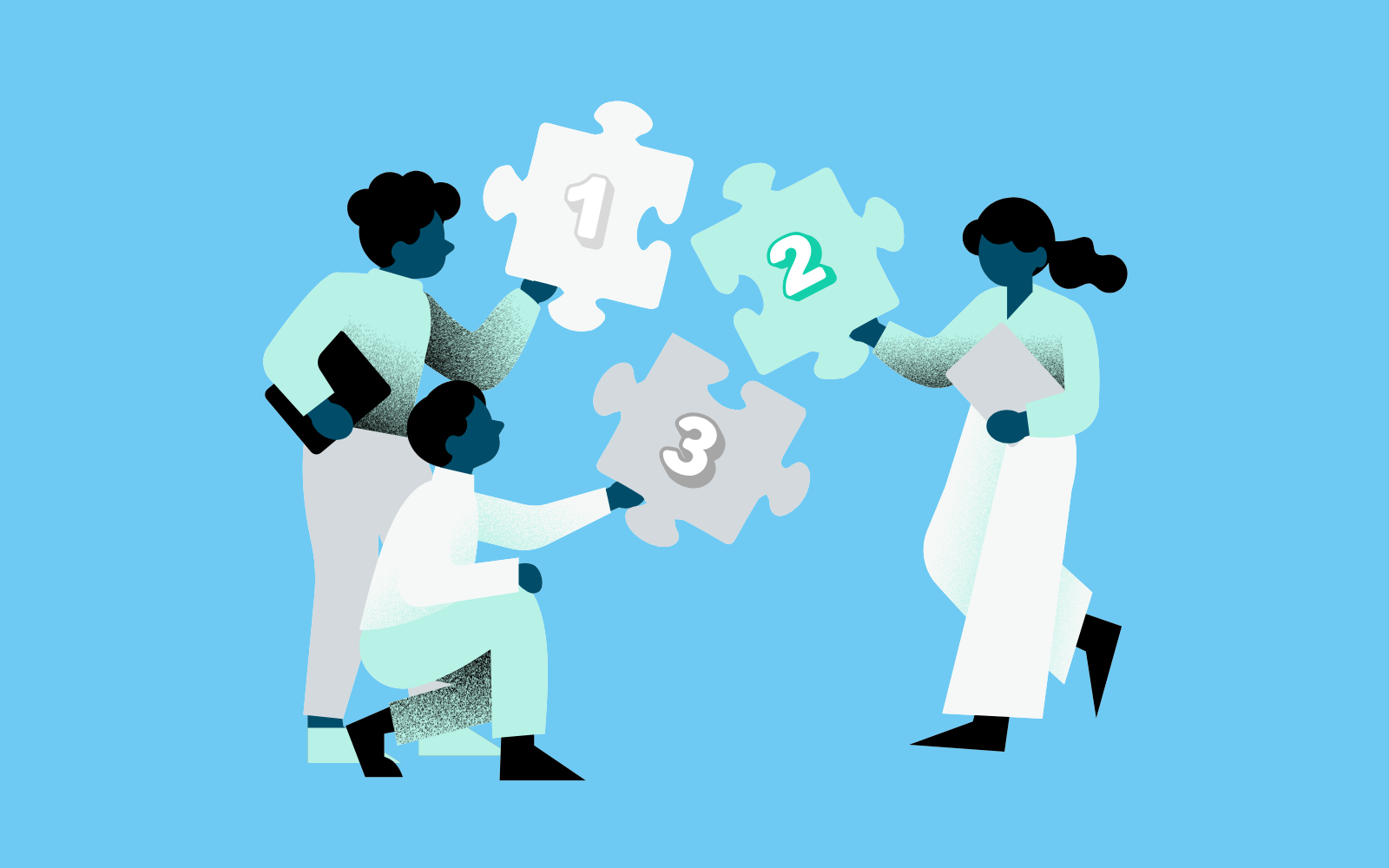 Illustration of three people collaborating by fitting together numbered puzzle pieces labeled 1, 2, and 3, representing step-by-step teamwork or process building.