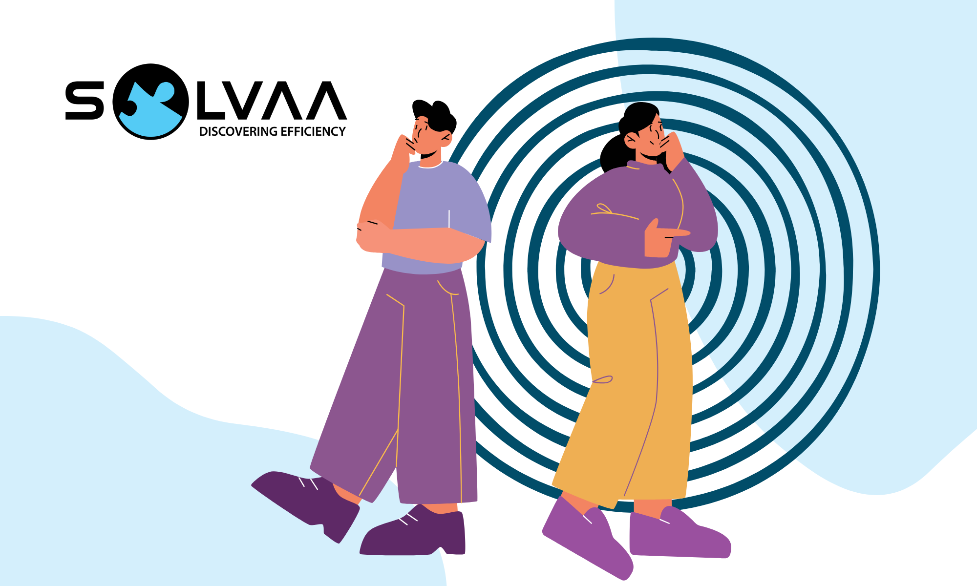 Illustration of two people standing thoughtfully in front of a large spiral maze, alongside the SOLVAA logo and tagline ‘Discovering Efficiency,’ symbolizing problem-solving and decision-making.