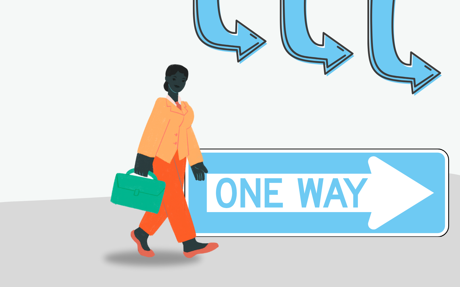 Illustration of a professional woman carrying a briefcase and walking past a large ‘One Way’ arrow sign, with directional arrows above, representing a guided or structured path forward.