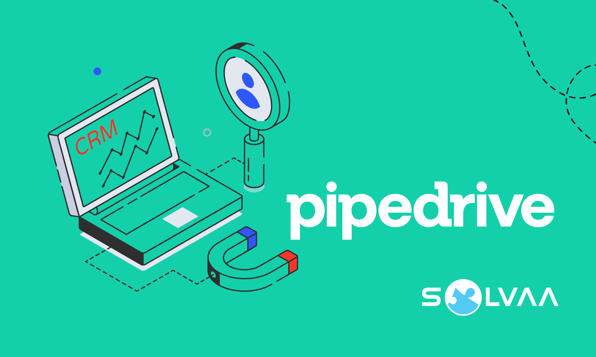 Illustration of a laptop displaying CRM data, a magnet attracting leads, and a magnifying glass with a user icon, alongside the Pipedrive name and SOLVAA logo, representing CRM automation and lead management.