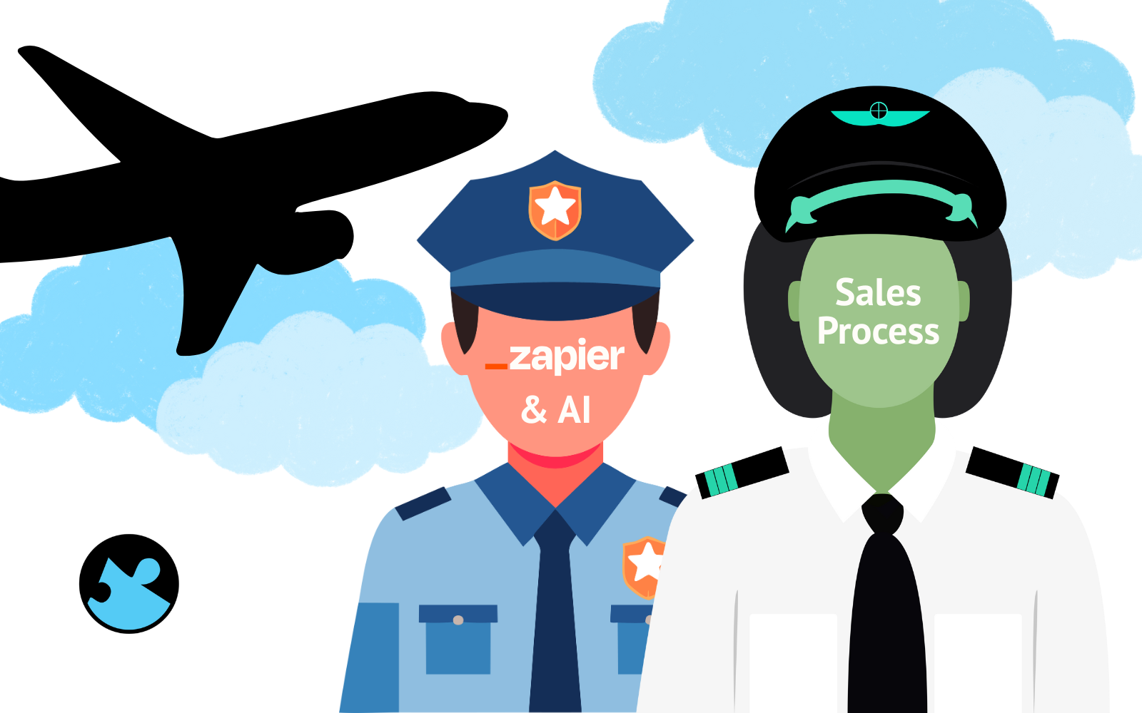Conceptual illustration showing a pilot labeled ‘Sales Process’ next to a co-pilot labeled ‘Zapier & AI,’ with an airplane overhead, symbolizing AI-guided sales automation.