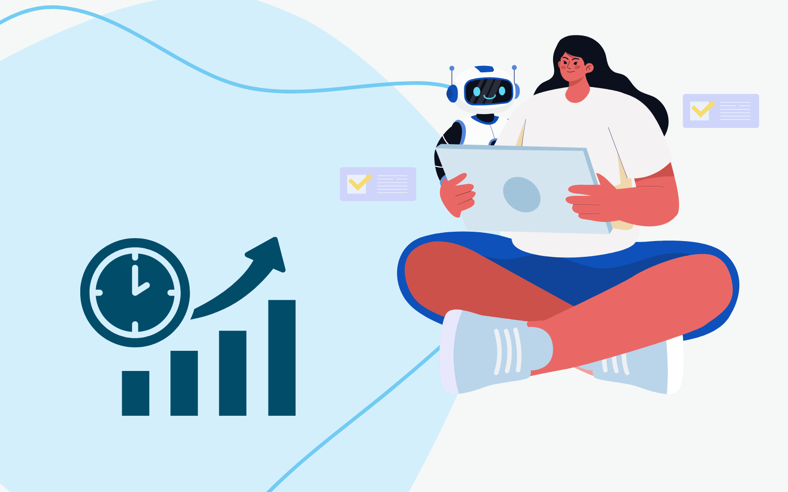 Illustration of a person using a laptop alongside a small robot, with a rising bar chart and clock icon, symbolizing continuous learning and improved productivity with AI.