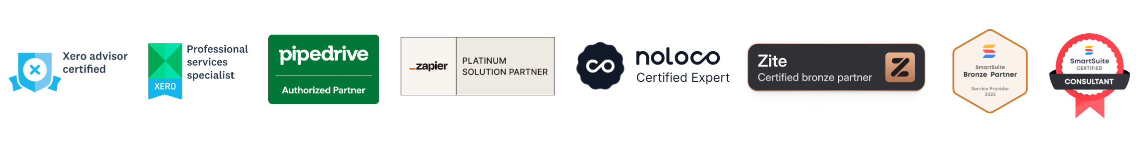 Certification and partner badges showing company as certified with Xero (Advisor Certified and Professional Services Specialist), Pipedrive Authorized Partner, Zapier Platinum Solution Partner, Noloco Certified Expert, Zite Bronze partner, SmartSuite Bronze Partner 2023 Service Provider, and SmartSuite Consultant.