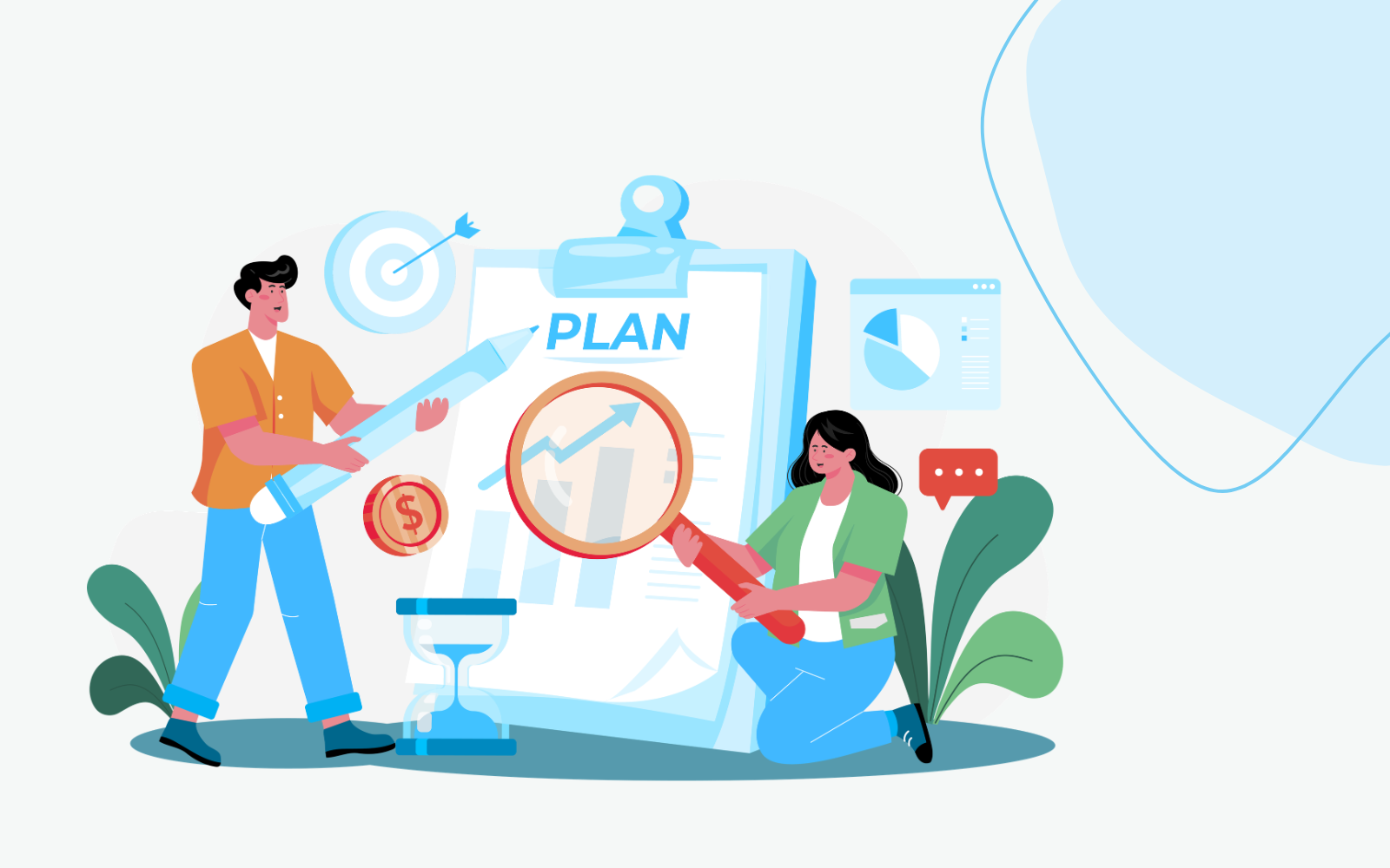 Illustration of two people reviewing a business plan with charts, a magnifying glass, and growth symbols, representing strategic planning and goal setting.
