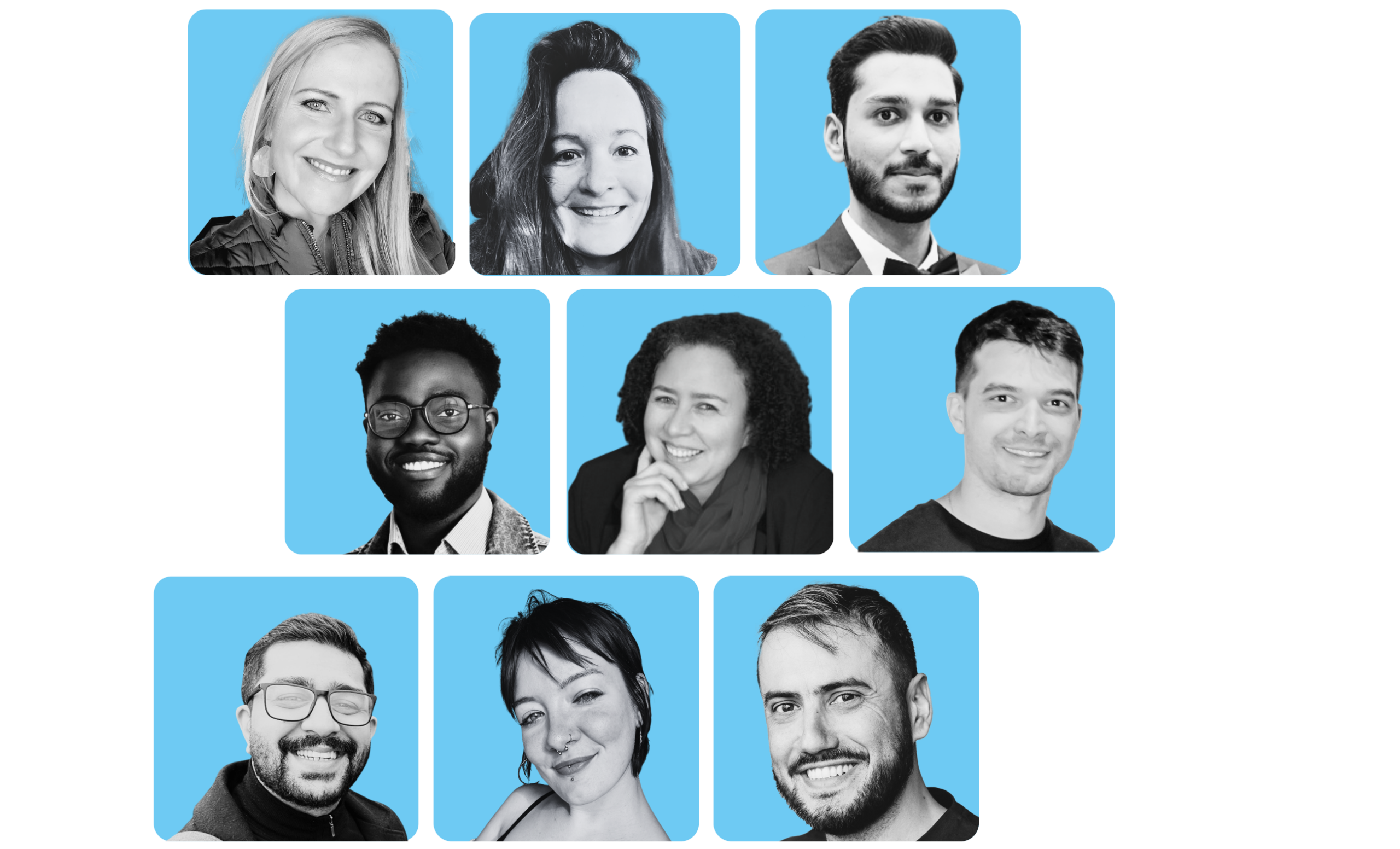 Nine Solvaa team members smiling in black-and-white portraits on blue backgrounds, representing our diverse, supportive, and innovative remote team