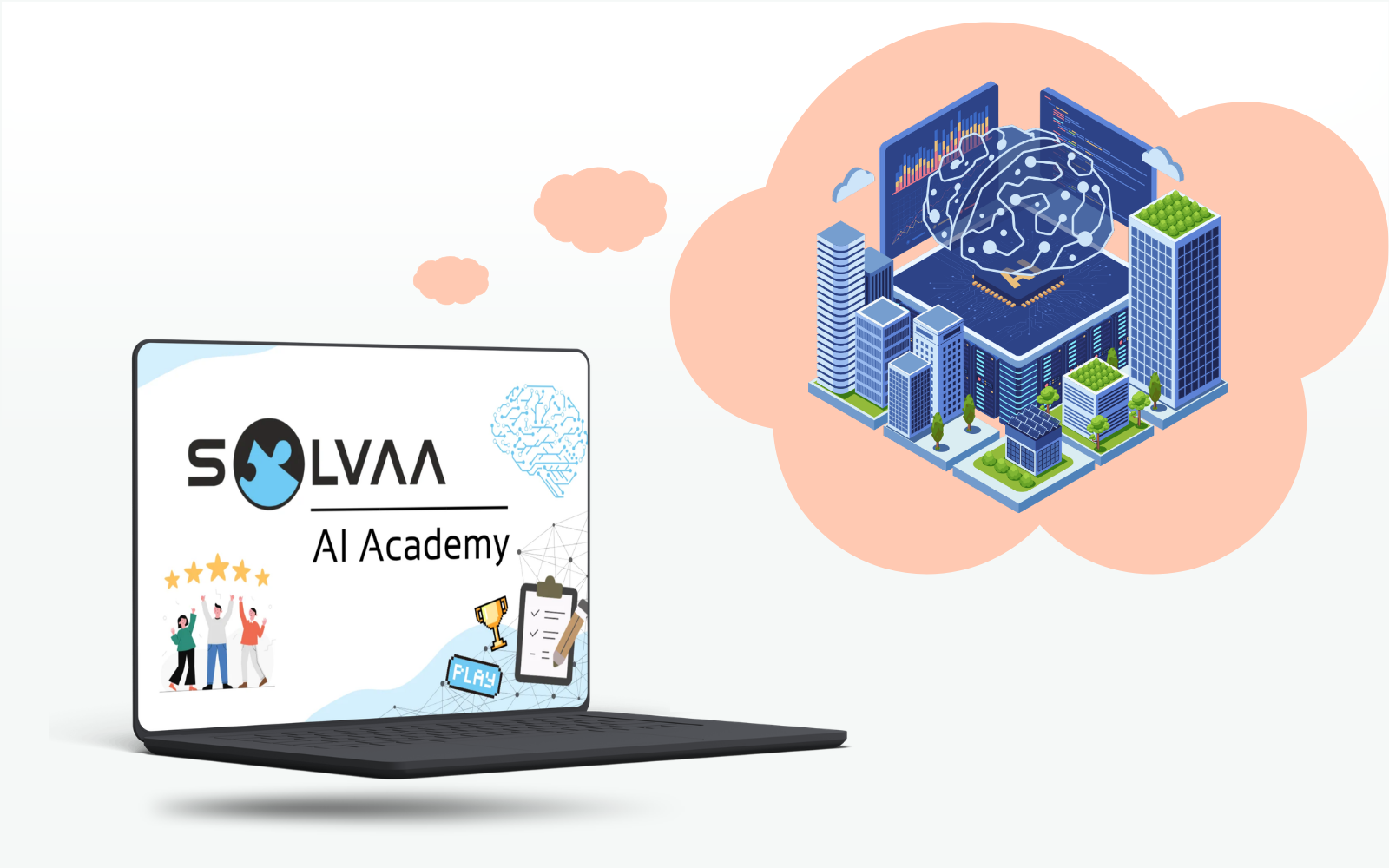 Laptop displaying the SOLVAA AI Academy alongside an illustration of an AI-powered smart city, representing AI learning and real-world business applications.